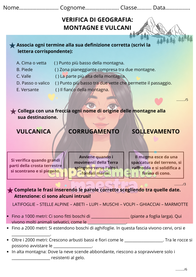 Verifica montagne 🏔️ e vulcani 🌋 classe terza