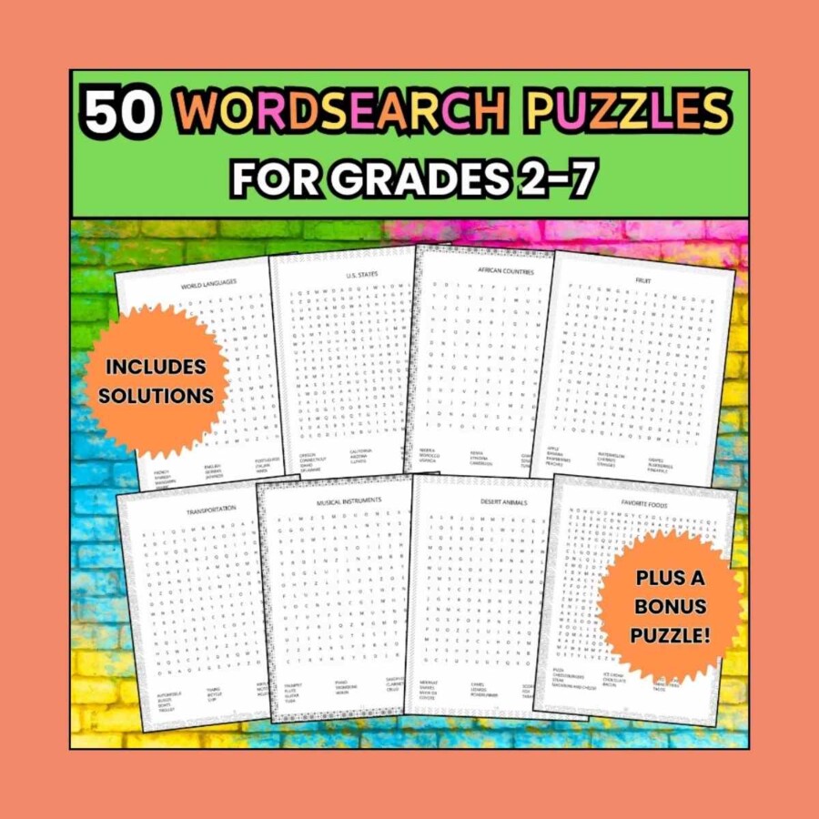 Pacchetto ricerca parole inglesi, 50 argomenti di vocabolario, puzzle stampabili, bambini e adulti