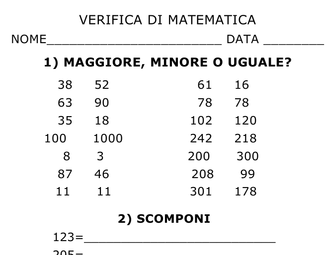 VERIFICA DI MATEMATICA: segni maggiore, minore e uguale; composizione e scomposizione; ordine crescente e decrescente, problemi di addizione e sottrazione.
