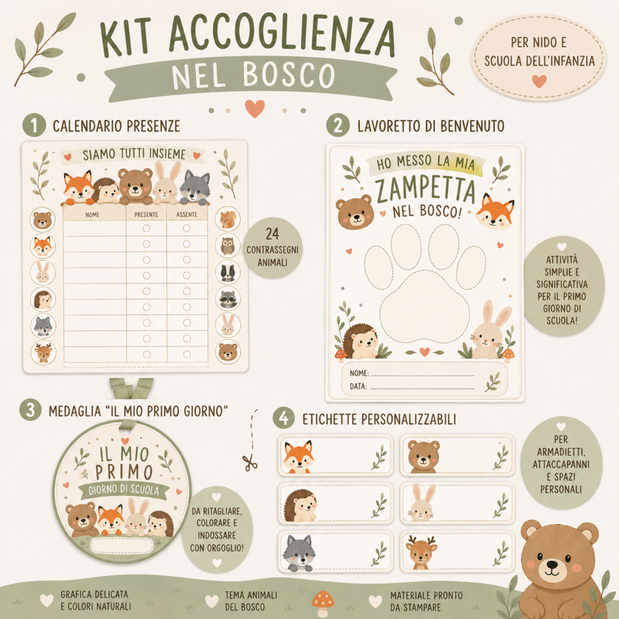 Kit Accoglienza Nel Bosco | Presenze, Medaglia Primo Giorno, Lavoretto ed Etichette