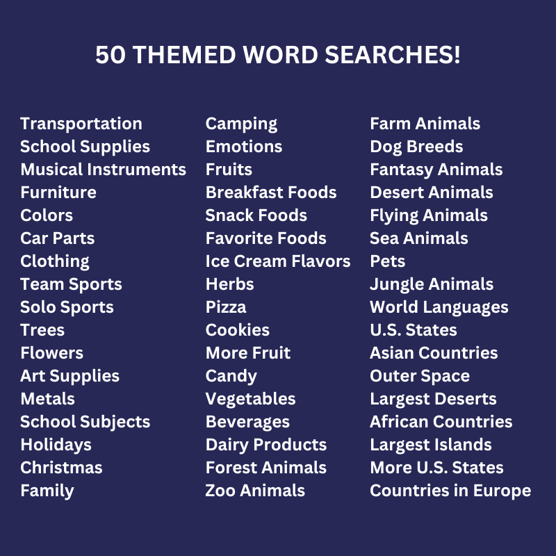 Pacchetto ricerca parole inglesi, 50 argomenti di vocabolario, puzzle stampabili, bambini e adulti
