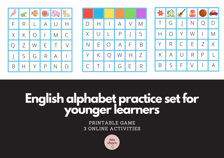 English alphabet practice set for younger learners (printable game + 3 online activities)