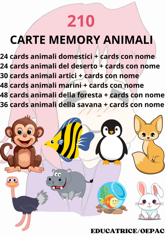 210 FLASH CARDS MEMORY DEGLI ANIMALI