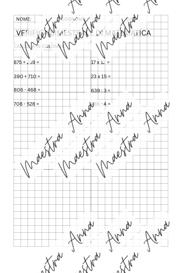 Verifica quadrimestrale di matematica – Classe 3ª primaria
