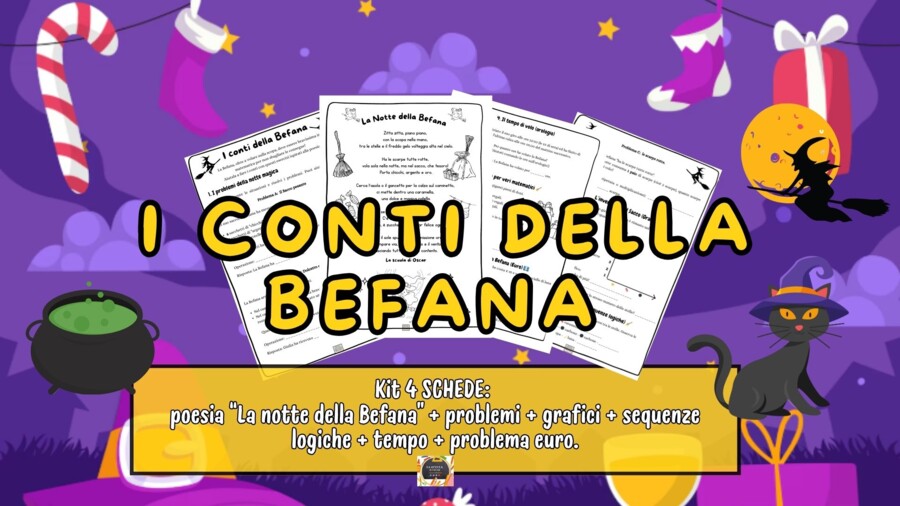 Kit 4 schede " I CONTI DELLA BEFANA" - attività di matematica classe 3^-4^