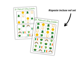 Saint Patrick for preschoolers worksheet set - San Patrizio per bambini in età prescolare - set di schede di lavoro sul vocabolario, sudoku, gioco I Spy, labirinto, conteggio fino a 10, modelli, cosa viene dopo, inoltre carte illustrative.