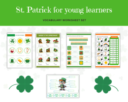 Saint Patrick’s Day for Young Learners - Giorno di San Patrizio per gli studenti set, schede di lavoro, esercizi di vocabolario, capi di abbigliamento, preposizioni di luog