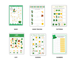 Saint Patrick for preschoolers worksheet set - San Patrizio per bambini in età prescolare - set di schede di lavoro sul vocabolario, sudoku, gioco I Spy, labirinto, conteggio fino a 10, modelli, cosa viene dopo, inoltre carte illustrative.