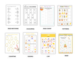 Easter For Preschoolers - Pasqua per bambini della scuola materna - set di schede di lavoro per l'apprendimento della lingua inglese per bambini della scuola materna, 8 diversi compiti, abbinamenti, conteggio, sudoku, labirinto, I spy, carte illustrate.