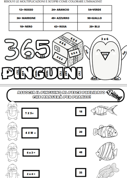 Attività matematiche legate all' albo 365 pinguini parte 2 (3 giochi sulle tabelline da stampare)