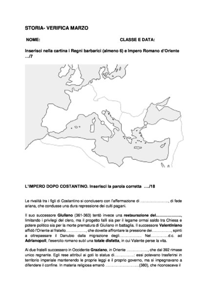 verifica di geostoria, classe seconda liceo, da Costantino ai Regni Romano-Barbarici