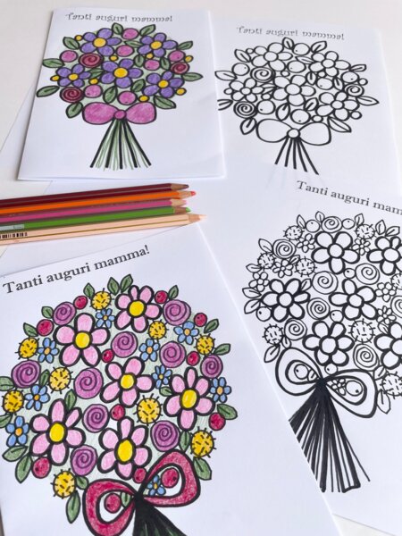 BIGLIETTI PER LA MAMMA DA COLORARE (2 mazzi di fiori)