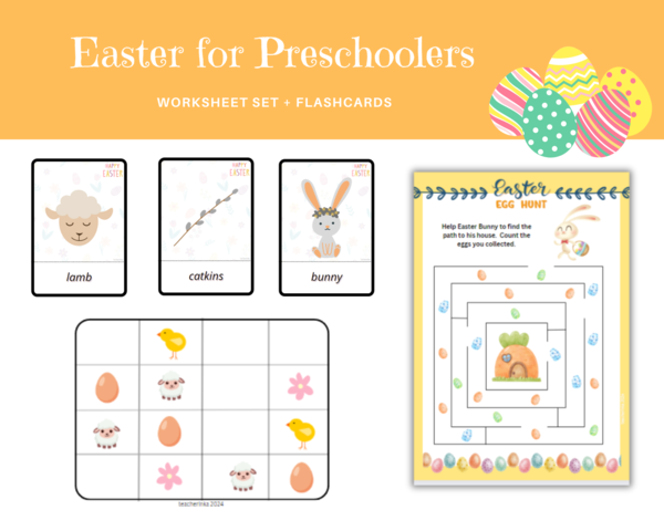 Easter For Preschoolers - Pasqua per bambini della scuola materna - set di schede di lavoro per l'apprendimento della lingua inglese per bambini della scuola materna, 8 diversi compiti, abbinamenti, conteggio, sudoku, labirinto, I spy, carte illustrate.