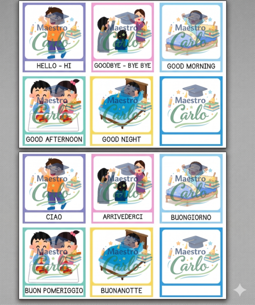 Flash Cards Inglese sui Saluti per Bambini – Materiale Didattico Primaria, Colorato e Pronto all’Uso