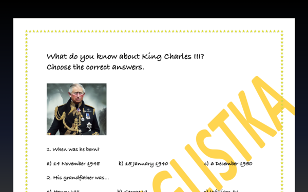 Re Carlo III/ King Charles III- short quiz in English +key