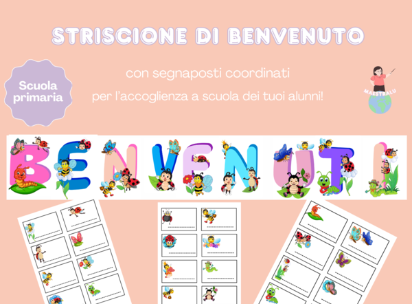 Striscione di Benvenuto e segnaposto a tema API, FARFALLE,BRUCHI E COCCINELLE