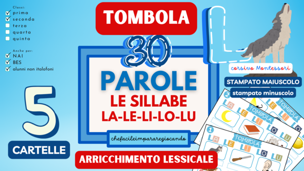 SILLABE LA LE LI LO LU – TOMBOLA PAROLE – CLASSI PRIMA E SECONDA – ANCHE PER NAI E BES