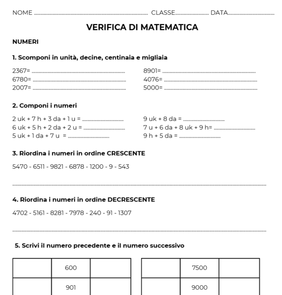 Verifica fine primo quadrimestre matematica classe terza