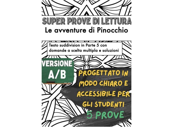 📘🤥 5x Test di lettura su «Le avventure di Pinocchio» di Carlo Collodi ✨ (Versione A/B – per capitoli, in classe)