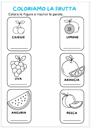 Schede didattiche- Scrivi e colora la frutta