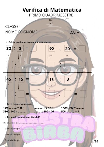Verifica di matematica - divisioni e problemi Cl.3