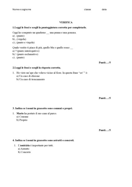 Verifica di grammatica prima media-punteggiatura,nome,elisione,troncamento