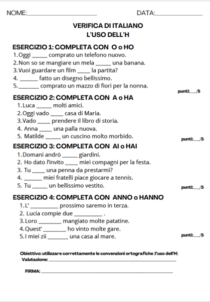 VERIFICA: USO DELL'H (AVERE)