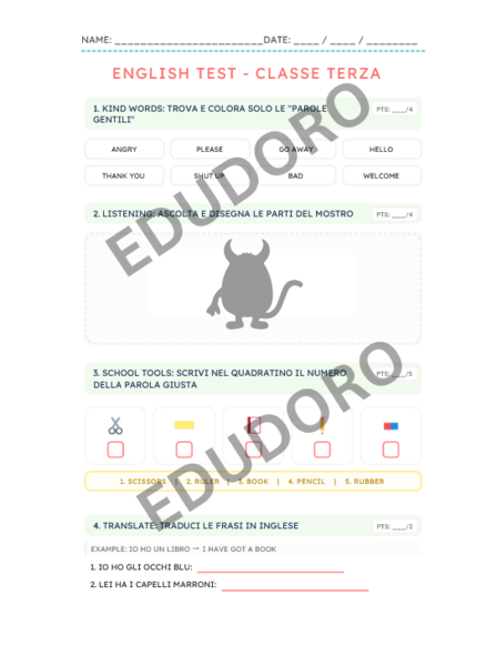 Scheda di consolidamento lingua inglese - Classe 3a