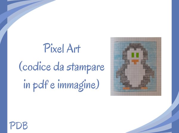 Pixel Art (Coding unplugged) – pinguino su sfondo azzurro