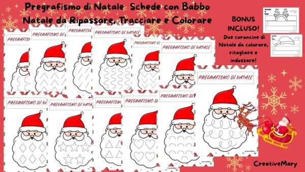 Pregrafismo di Natale – Schede con Babbo Natale da Ripassare, Tracciare e Colorare