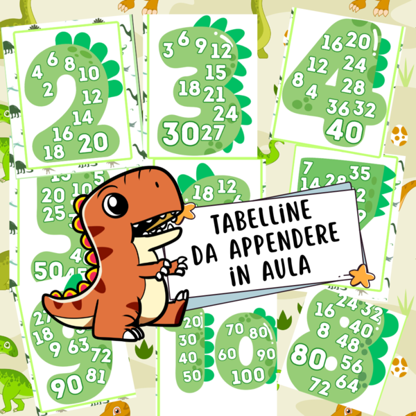 🐾 Tabelline in stile dinosauro – Poster colorati per la classe 🦖