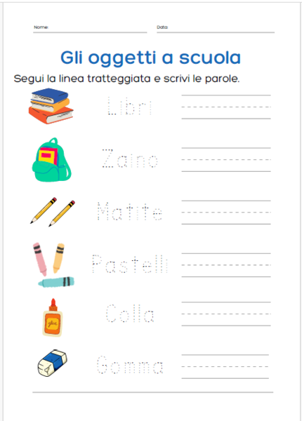 Scrittura- Gli oggetti a scuola