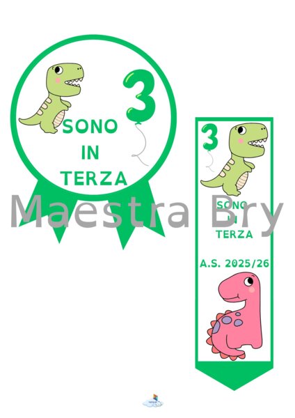 COCCARDA E SEGNALIBRO "SONO IN TERZA" A TEMA DINOSAURI