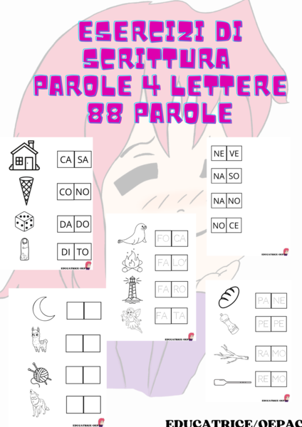esercizi scrittura e lettura Parole con 4 lettere (numero parole 88)