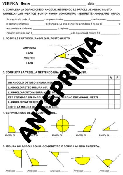 VERIFICA DI GEOMETRIA SUGLI ANGOLI PER LA CLASSE TERZA - SCUOLA PRIMARIA