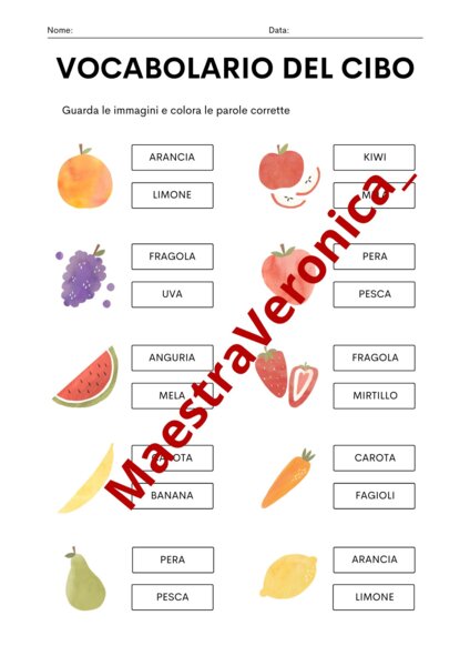 Verifica italiano - Vocabolario del cibo (3 SCHEDE)