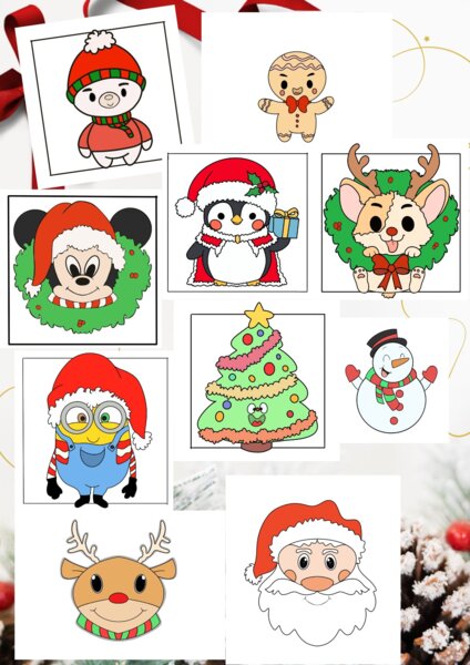 10 Biglietti di Natale + immagini complete da colorare