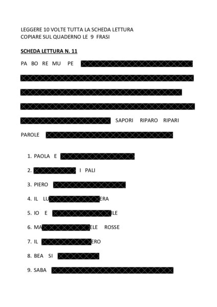 SCHEDA LETTURA 11 parole e frasi con M, L, R, S, B, P