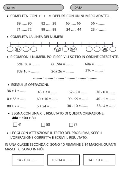 Verifiche matematica fine primo quadrimestre classe seconda primaria