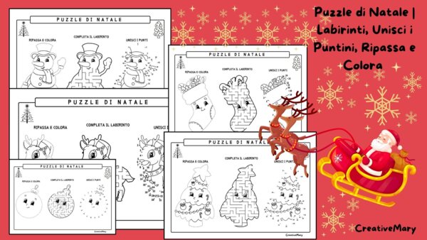 Puzzle di Natale | Labirinti, Unisci i Puntini e Ripassa e Colora | Attività Natalizie per Bambini