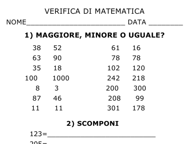 VERIFICA DI MATEMATICA: segni maggiore, minore e uguale; composizione e scomposizione; ordine crescente e decrescente, problemi di addizione e sottrazione.