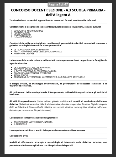 CONCORSO DOCENTI: SEZIONE - A.3 SCUOLA PRIMARIA - dell’Allegato A