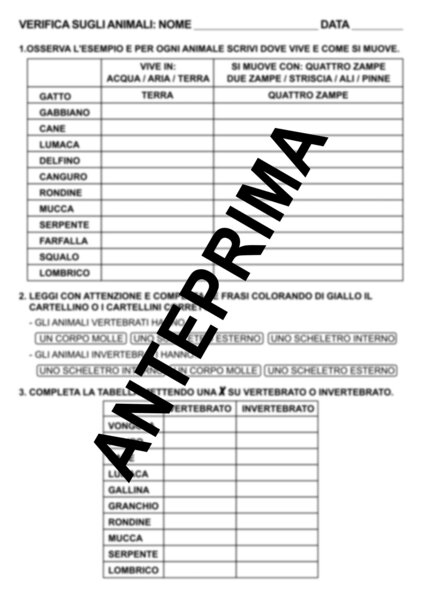 VERIFICA SUGLI ANIMALI CLASSE SECONDA