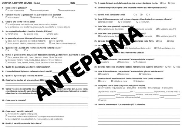 VERIFICA SISTEMA SOLARE E MOTI DELLA TERRA CLASSE QUINTA SCUOLA PPRIMARIA