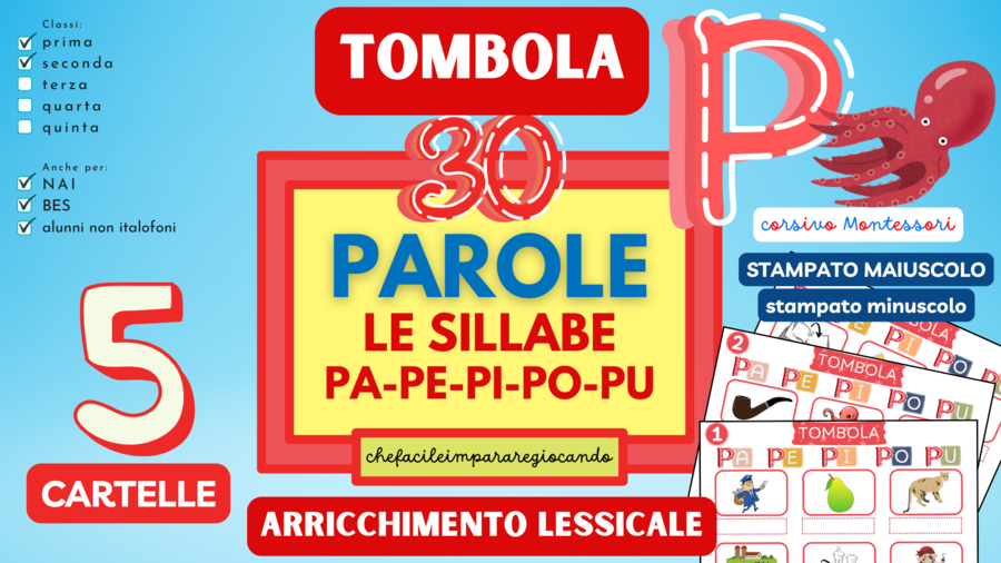 SILLABE PA PE PI PO PU – TOMBOLA PAROLE – CLASSI PRIMA E SECONDA – ANCHE PER NAI E BES