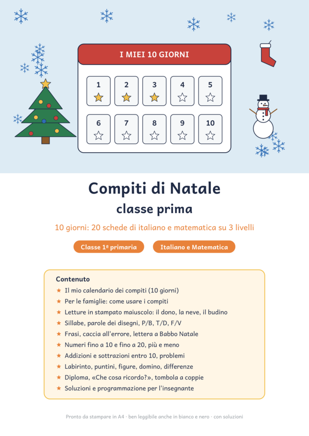 Compiti di Natale classe prima: italiano e matematica