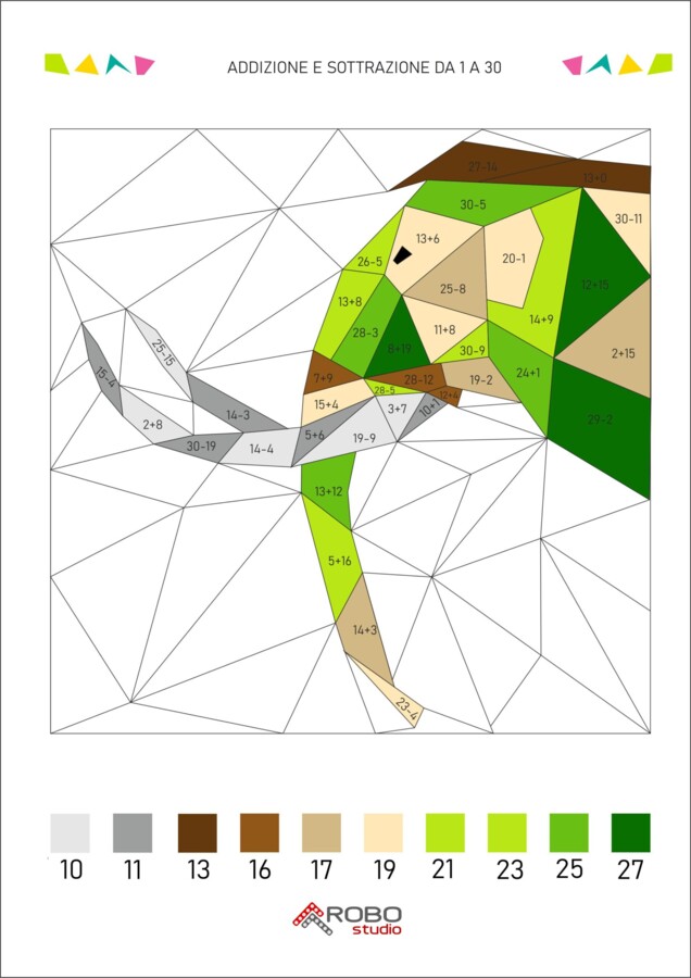 Colorazione matematica, addizione e sottrazione da 1 a 30, giornata dei dinosauri, preistoria, matematica e arte, calcola e colora