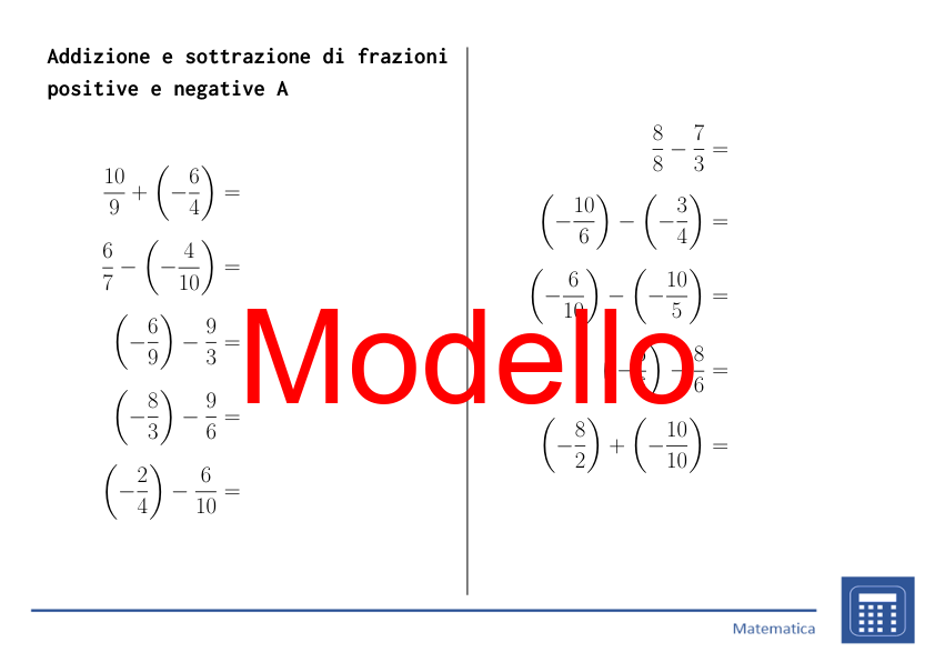 Addizione e sottrazione di frazioni positive e negative | matematica | 26 colonne