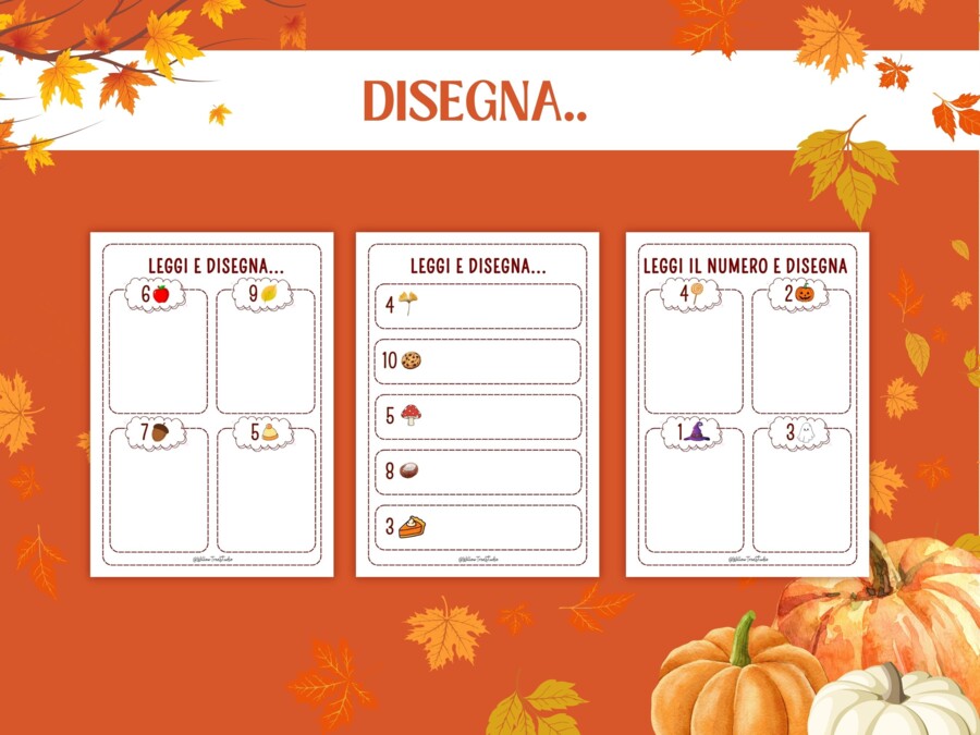 Schede Autunnali Conteggio Matematica per Infanzia e Prima Elementare | Attività Numeri 1–10 | Schede Didattiche Stampabili, Giochi Matematici, Conta e Collega, Conta e Colora, I SPY Autunno, Early Algebra, No Prep (5-7 anni)
