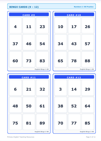 ENGLISH BINGO NUMBERS 1-90 - Kit gioco completo con 20 cartelle, gettoni e tabellone (Scuola Primaria)
